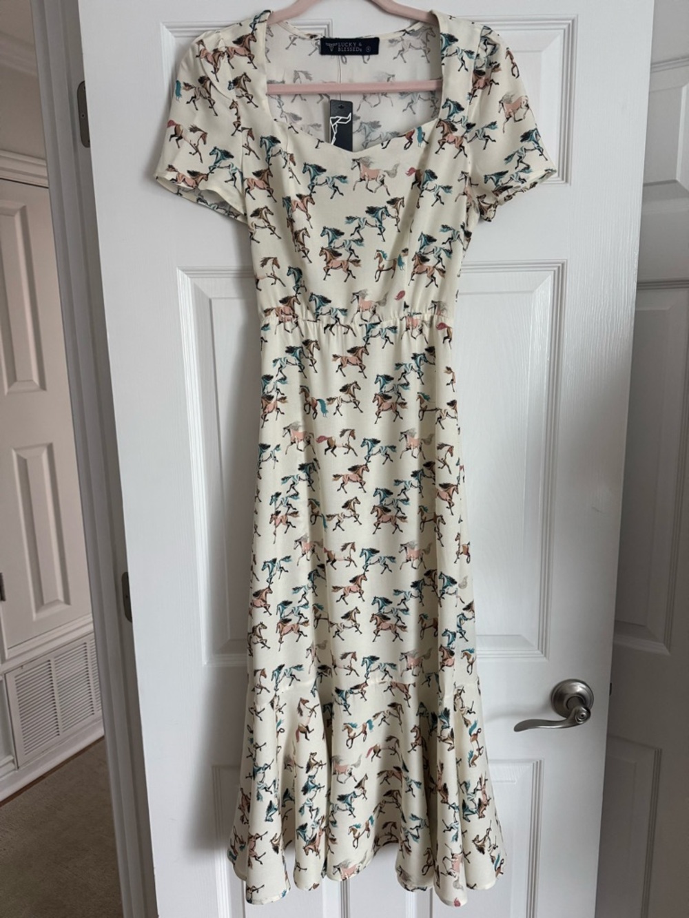Lucky & Blessed BRONCO BELLE Cream Midi Dress with Blue and Brown Horse Print